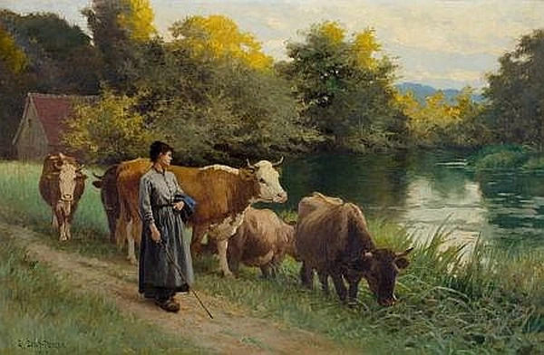 Giovane donna vicino a un ruscello con bestiame, 1902